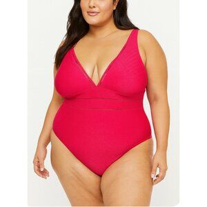 NEW Plus size pink/coral swimsuit, one piece bathing suit, deep V neck 3XL (26W)
